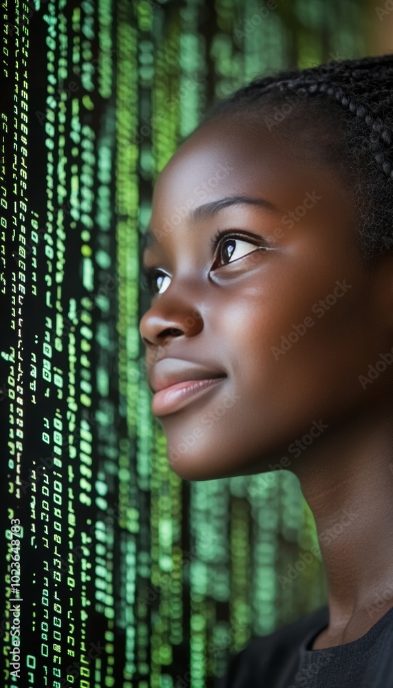 Poster young woman programmer looking at green code on screen, technology and programming concept