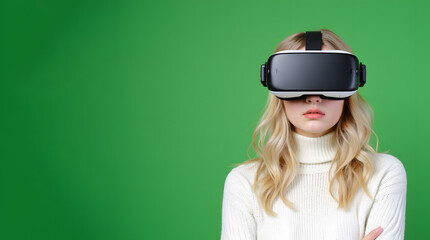 woman with vr glasses  green background