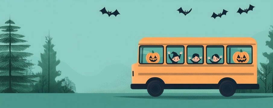 Halloween themed school bus with children in costumes and flying bats.