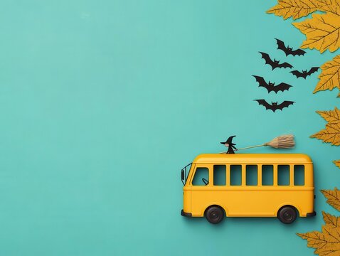 Yellow bus with witch and bats on blue background, Halloween theme.