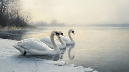 Obraz premium Mute swans gracefully floating near the edge of a frozen lake, where ice meets water, with the cold winter sky casting a pale light over the scene.