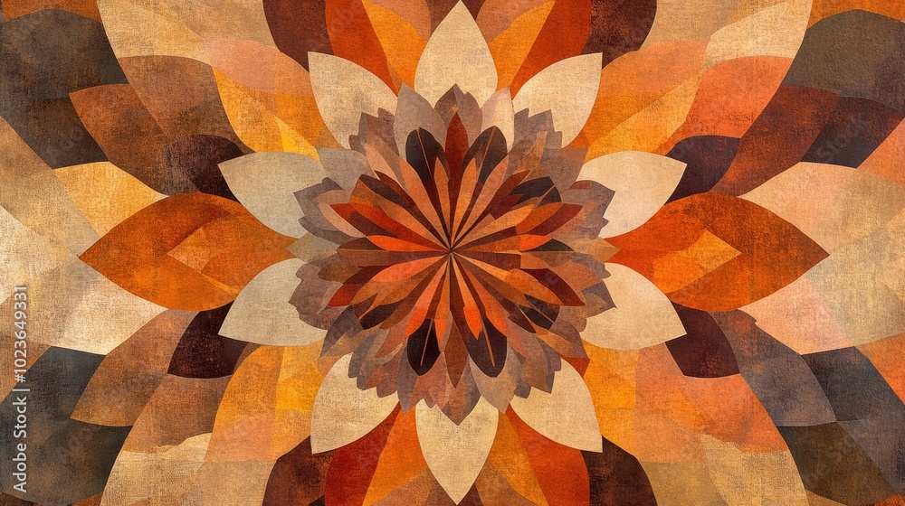 Poster abstract geometric composition featuring a multicolored flower mandala design in brown and orange hu