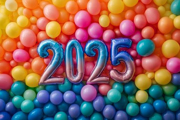 2025 new year celebration background with rainbow colored balloons