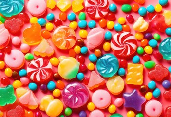 Fototapeta premium vibrant colorful candy spread across bright playful background revealing whimsical visual delights, art, confectionery, delicious, design, festive, food