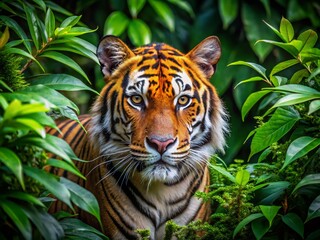 Obraz premium A majestic Bengal tiger emerges from dense foliage, its vibrant orange fur blending seamlessly with the lush greenery of the exotic jungle surroundings.