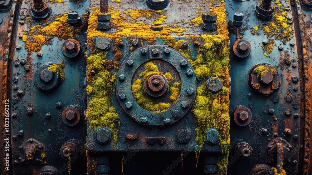 Poster close up image of an aged abandoned machine featuring a colorful moss covered metal surface and rust