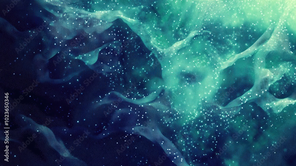 Poster Ai Generated Abstract Dark Navy Blue And Green Spindrift Waves Of Pixels Dots With Glitched Noise Retro Futuristic Cyberpunk Vibe Matrix Digital Storm Depth Of Field Blur