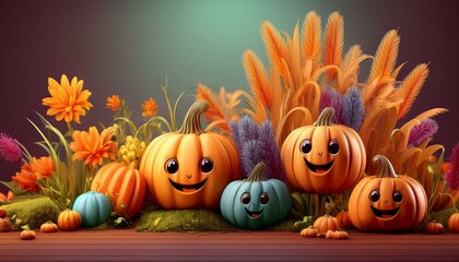 Happy Pumpkins in Autumnal Arrangement