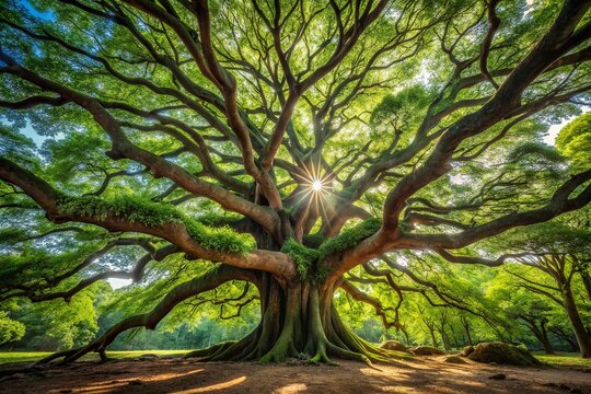 A majestic giant tree stretches towards the sky, its enormous twisted branches sprawling outwards, casting dappled shadows on the lush green forest floor beneath.