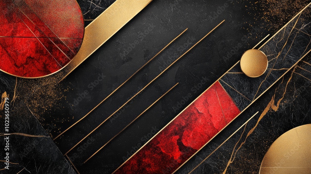 Poster 3D modern mural design featuring golden lines and red shapes with a marble effect on a dark black background suitable for canvas prints and carpet designs