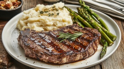 Grilled Steak with Sides on Rustic Plate