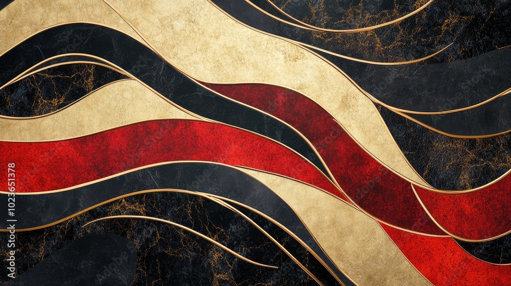 Poster 3D modern mural design featuring golden lines and red shapes with a marble effect on a dark black background suitable for canvas prints and carpet designs