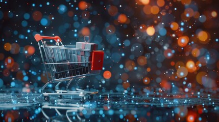 A shopping cart with a red basket on top of it