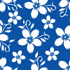 blue seamless vector stock flowers with leaves pattern on cream background