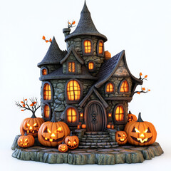 Halloween haunted house with carved pumpkins on the perimeter, stone base, bright colors, 3D