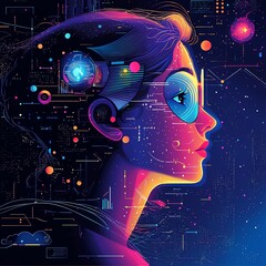 A vibrant digital illustration of a woman with futuristic glasses, illuminated by cosmic elements and technological motifs.