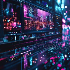 Futuristic digital cityscape with vibrant neon lights and reflections, showcasing modern technology and urban life.