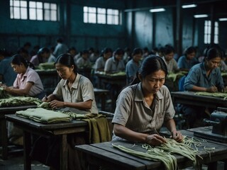 Exhausted workers assembling garments in a dimly lit sweatshop during late-night hours.