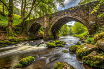 Fototapeta premium Ancient medieval stone arch bridge with moss-covered stonework and swift river flowing beneath, surrounded by lush green forest in Ceredigion, Wales.