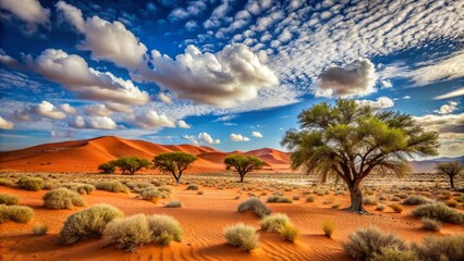 Arid landscape of Kalahari Desert features rust-colored sand dunes, sparse acacia trees, and a vast blue sky with a few wispy clouds.