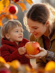 Fototapeta premium Family picking apples in orchard with red and golden leaves