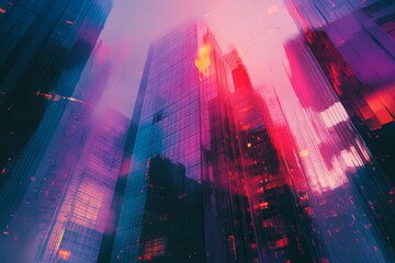 Fototapeta premium Creative double exposure image of a synthwave skyscraper, featuring abstract neon and urban visuals.