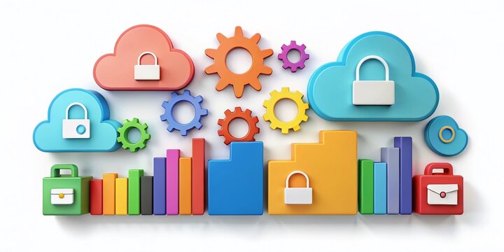 Array of colorful icons representing data management concepts, including charts, graphs, folders, clouds, locks, and gears, on a white background.