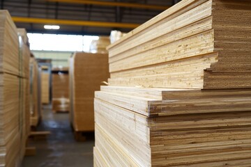 Obraz premium Stacked Plywood Sheets in a Warehouse Setting