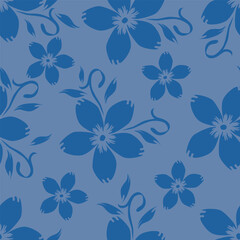 blue seamless vector stock flowers with leaves pattern on cream background