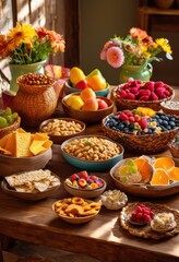 colorful snack collection displayed vibrant wooden table surrounded rustic elements bright decor, snacks, treats, food, fresh, fruits, vegetables, tasty