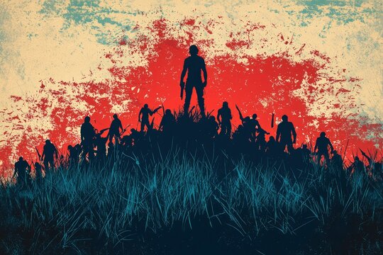 Silhouette of a lone warrior facing a horde of zombies