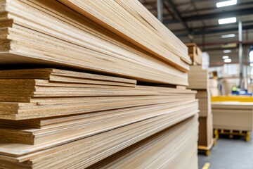 Fototapeta premium Stacked Plywood Sheets in a Factory Setting