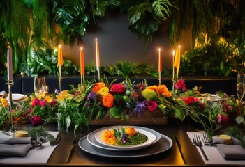 Fototapeta premium vibrant plant based meals beautifully arranged stylish dining table vivifying dining experience colorful plates utensils, appetizer, bowl, cuisine, cutlery