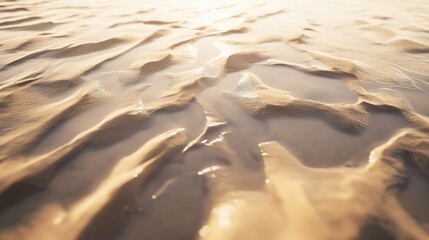 Golden Hour Sunlight Glistens on Rippled Sand Dunes