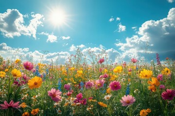 sunkissed spring meadow with lush green grass vibrant wildflowers and a bright blue sky creating a tranquil atmosphere perfect for relaxation and reflection