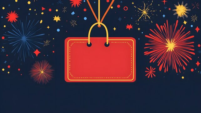 Colorful fireworks surround a vibrant red tag, perfect for promotions, sales, or special occasions. Celebrate with this festive design!