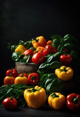 artistic arrangement floating fresh produce dark backdrop showcasing vibrant colors textures natural ingredients, vegetables, fruits, tomatoes, lettuce