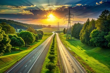 Fototapeta premium A serene, sun-kissed highway stretches through a rolling green landscape, lined with trees and power lines, conveying a sense of tranquility and middle-ground balance.