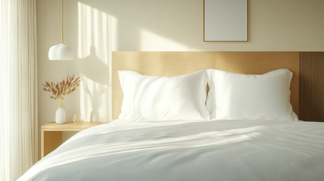 Silk pillowcase on a luxury hotel bed, elegant gold trim, plush duvet, and decorative lighting, 3D illustration