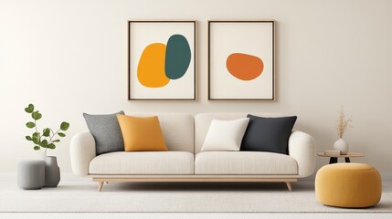 Square pillows with colorful abstract art, surrounded by contemporary furniture in a modern interior, 3D illustration