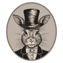 Portrait of a rabbit hare in a suit with a bow tie and a top hat on his head. Drawing stylized as a vintage engraving. © migfoto