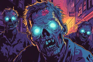 Three Glowing-Eyed Zombies Walking Through an Urban Alleyway