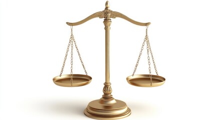 A pair of golden scales with one side tilted slightly higher, isolated on a white surface, representing law. No people.