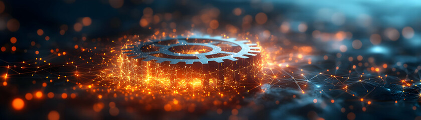 Floating Cogwheel Surrounded by Glowing Digital Connections: A Symbol of Mastery in Innovation and Engineering Trends � Isolated Photo on White Background for Photo Stock Concept