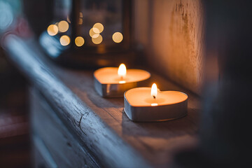 Two candles are lit on a wooden shelf. The candles are lit in the shape of hearts
