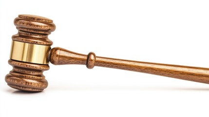 A polished gavel lying horizontally on a clean white surface, representing the symbol of law and justice. No people.