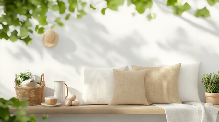 Hand-knitted pillows in cozy, warm tones, placed on a wooden bench, surrounded by rustic decor and soft blankets, 3D illustration