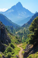Obraz premium Lush green forest growing on mountainside leading to snow capped mountain peak