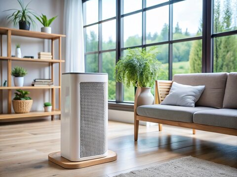 A sleek, modern air purifier sits on a minimalist wooden shelf in a cozy living room with a large window and plenty of natural light.
