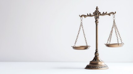 Classic brass scales of justice, positioned on a plain white background, emphasizing legal balance. No people.
